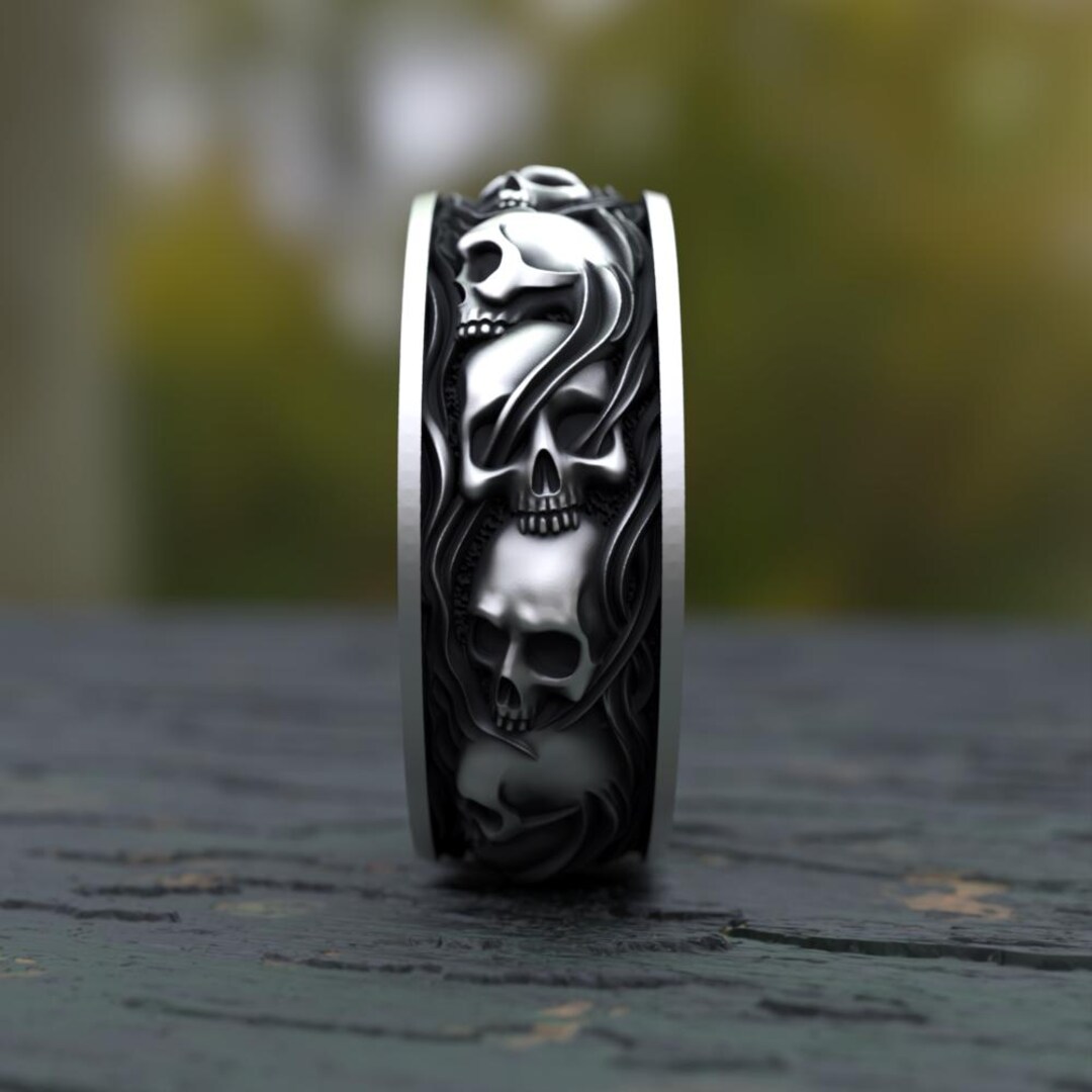 Skull Rings Skull Band Ring | 925 Sterling Silver Gothic Ring | Men's Biker Jewelry ...
