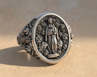 Virgin Mary Ring, Oxidized 925 Sterling Silver Rosary Band