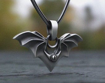 Sterling Silver Bat Pendant Necklace, Gothic Vampire Jewelry, Handcrafted Flying Bat with Detailed Wings, Halloween Gift, Dark Gothic
