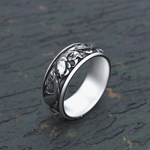 Koi Fisch Ring 925 Sterling Silber Japanisches Design Handgefertigt Asiatische Karpfen Band Traditionelles Orientalisches Muster Oxidiert Ehering Herren Geschenk