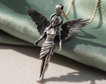 Nike Goddess Pendant Necklace, Rose Gold Plated 925 Sterling Silver Winged Victory, Greek Mythology Angel Jewelry Gift