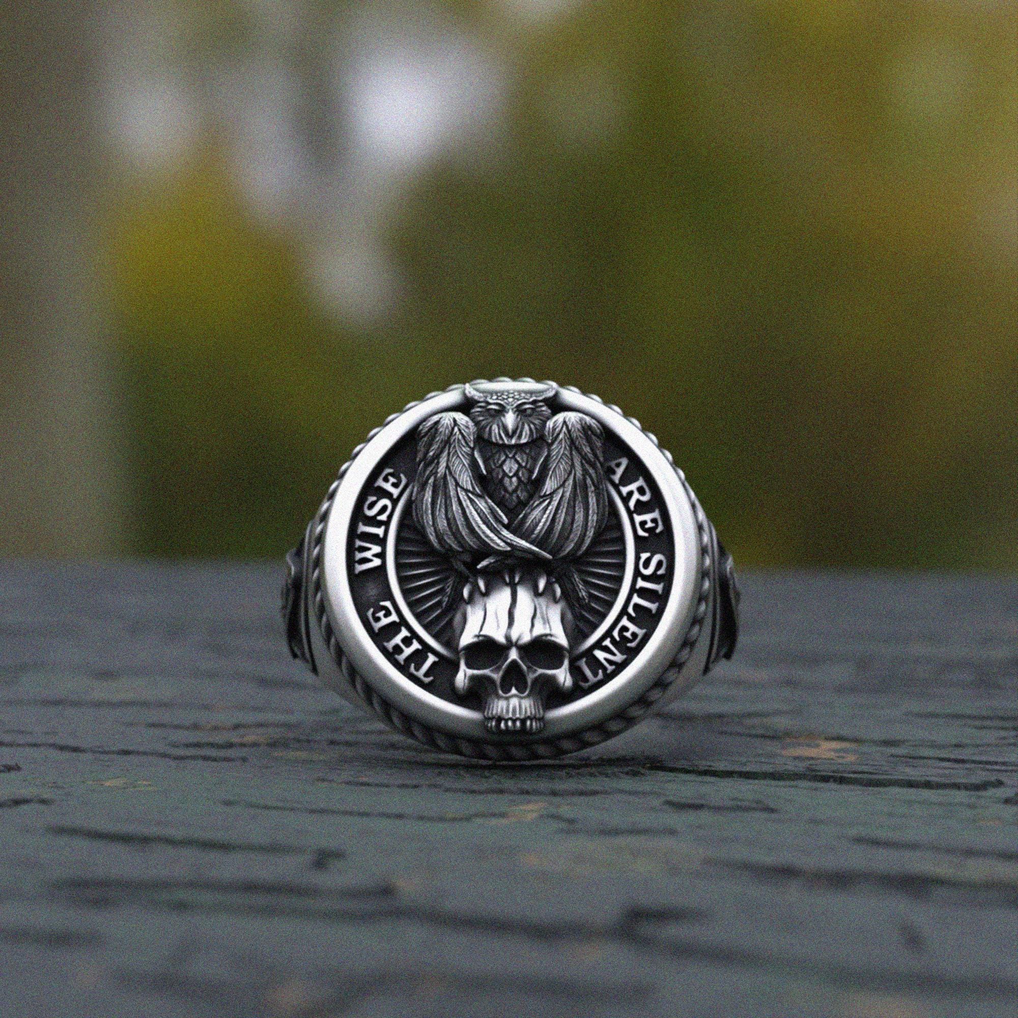 Masonic Owl Ring Sterling Silver 925, Wise Men Are Silent Mason Ring, Skull Lodge Signet Ring Men