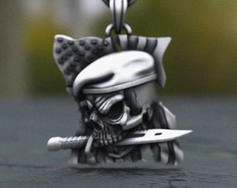 Sterling Silver Patriotic Skull Pendant: Military Biker Necklace