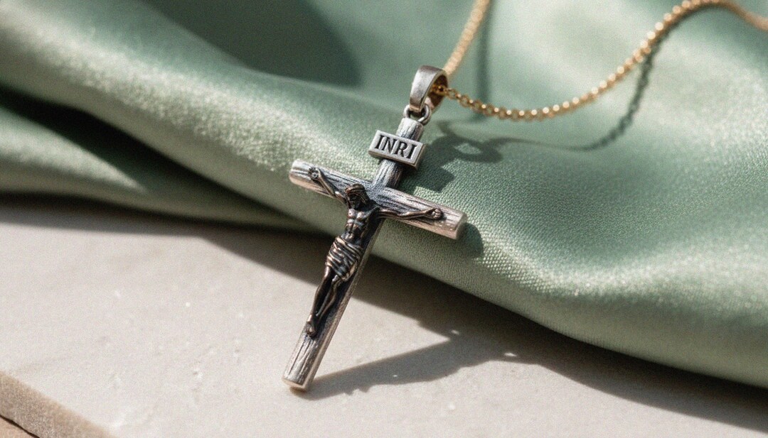 INRI Crucifix Necklace, 925 Sterling Silver Oxidized Cross Pendant Gold ...