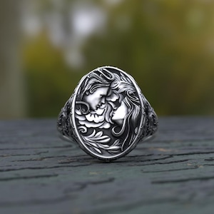 Anillo de amantes de plata de ley 925 / Anillo de sello con retrato de pareja hecho a mano / Regalo de aniversario romántico / Joyería de plata oxidada