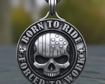 Sterling Silver Biker Skull Pendant: American Flag Motorcycle Medallion