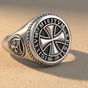 Knights Templar Seal Ring, 925 Sterling Silver Crusader Cross, Unique Gift for Him, Mens Statement Jewelry
