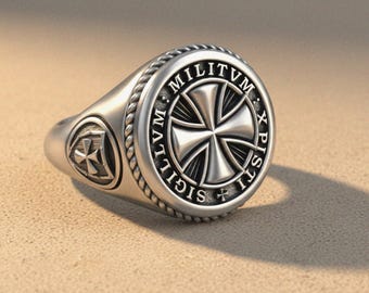 Knights Templar Seal Ring, 925 Sterling Silver Crusader Cross, Unique Gift for Him, Mens Statement Jewelry
