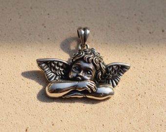 Sterling Silver Cherub Pendant - Renaissance Angel with Wings