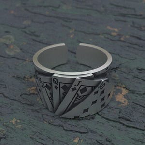 Pokerring | 925 sterlingzilver Royal Flush | Handgemaakte speelkaartsieraden | Geluksring voor gokker | Verstelbaar kaartspelontwerp