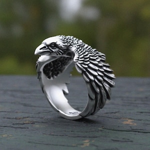 Raven Ring 925 Sterling Silver | Handcrafted Crow Eagle Band | Gothic Bird Jewelry | Detailed Feather Ring | Viking Unisex Gift