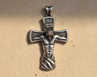 Crucifix Pendant Sterling Silver Jesus Cross Necklace INRI Catholic Religious Jewelry Christian Gift Oxidized Handmade for Men Women