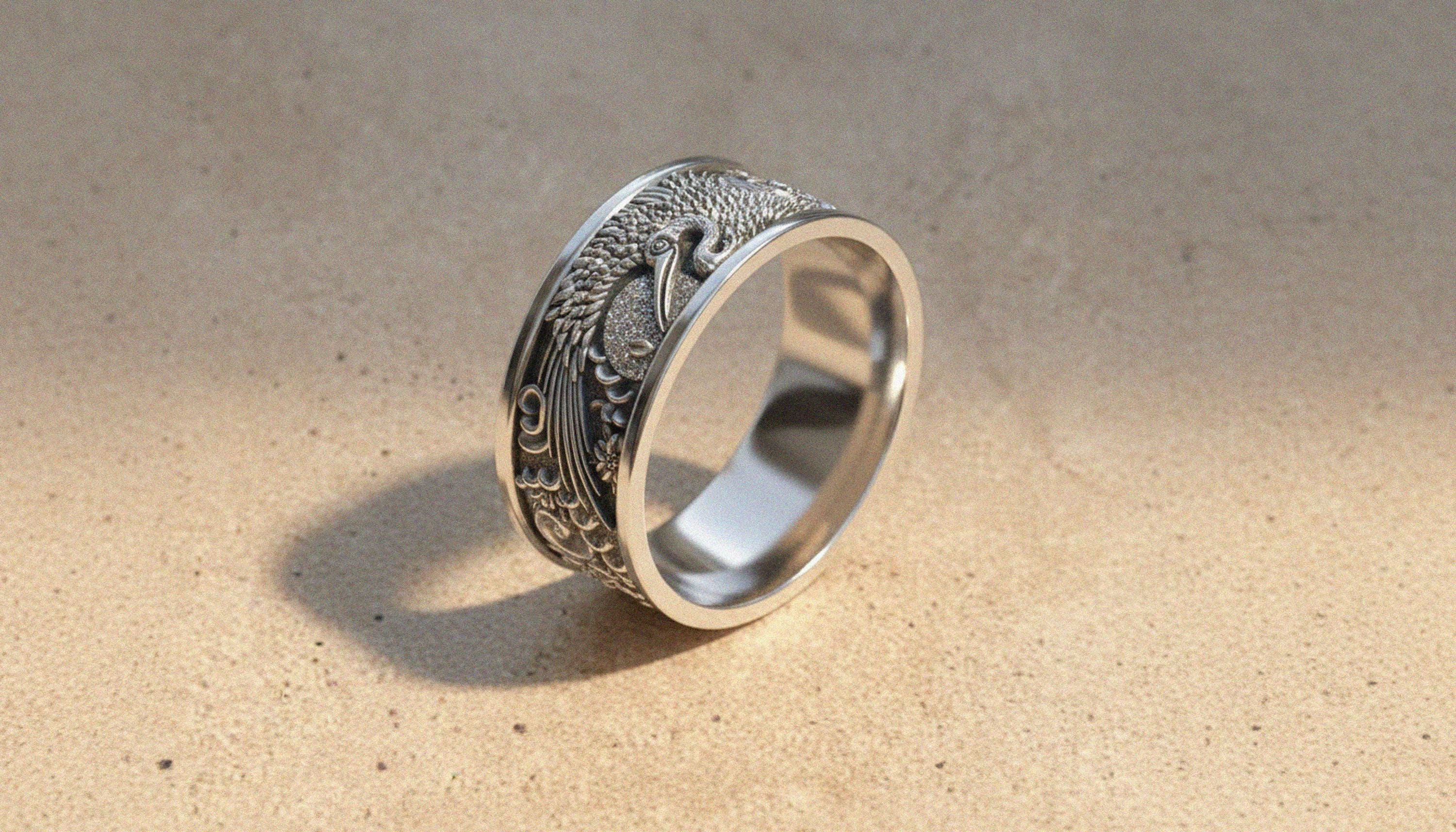 Japanese Crane Silver Ring, Wide Band With Cherry Blossom Motifs