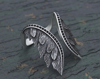 Sterling Silver Angel Wings Ring: Feather Statement Band, Spiritual Jewelry