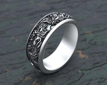 925 Sterling Silver Phoenix Ring | Japanese Basan Fire Bird Band Ring | Handcrafted Asian Mythology Jewelry | Gift for Him or Her