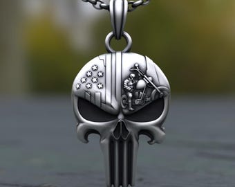 American Biker Skull Pendant: Sterling Silver with USA Flag Detail