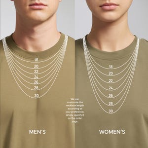 May include: Necklace length guide with measurements from 18 to 30 inches, displayed on a man and a woman. The text says, "We can customize the necklace length according to your preference; simply specify it on the order page."