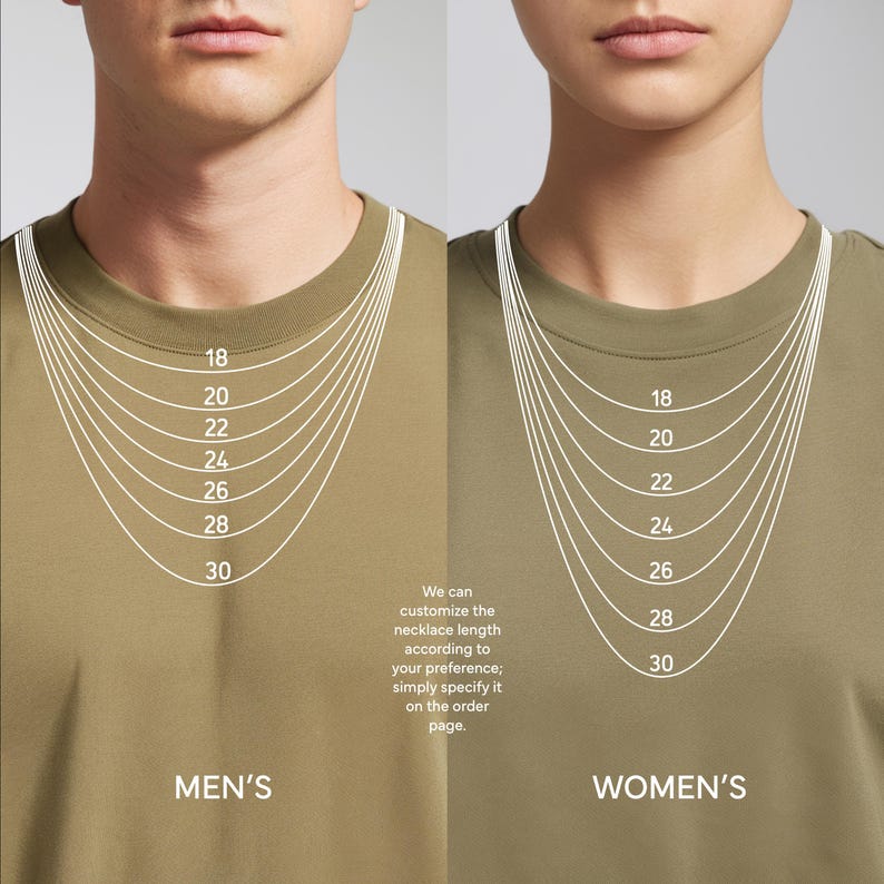May include: Necklace length guide with measurements from 18 to 30 inches, displayed on a man and a woman. The text says, "We can customize the necklace length according to your preference; simply specify it on the order page."