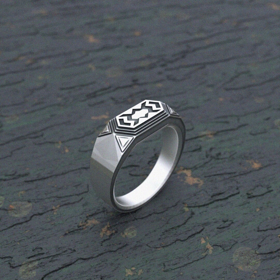 Geometric Silver Signet Ring: Tribal Aztec Pattern, Handmade 925 ...