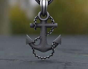 Oxidized Sterling Silver Anchor Pendant with Chain Detail