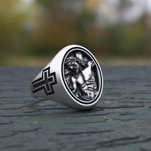 Crucifixion Ring Sterling Silver 925 - Handmade Jesus Crown of Thorns Signet - Christian Religious Jewelry