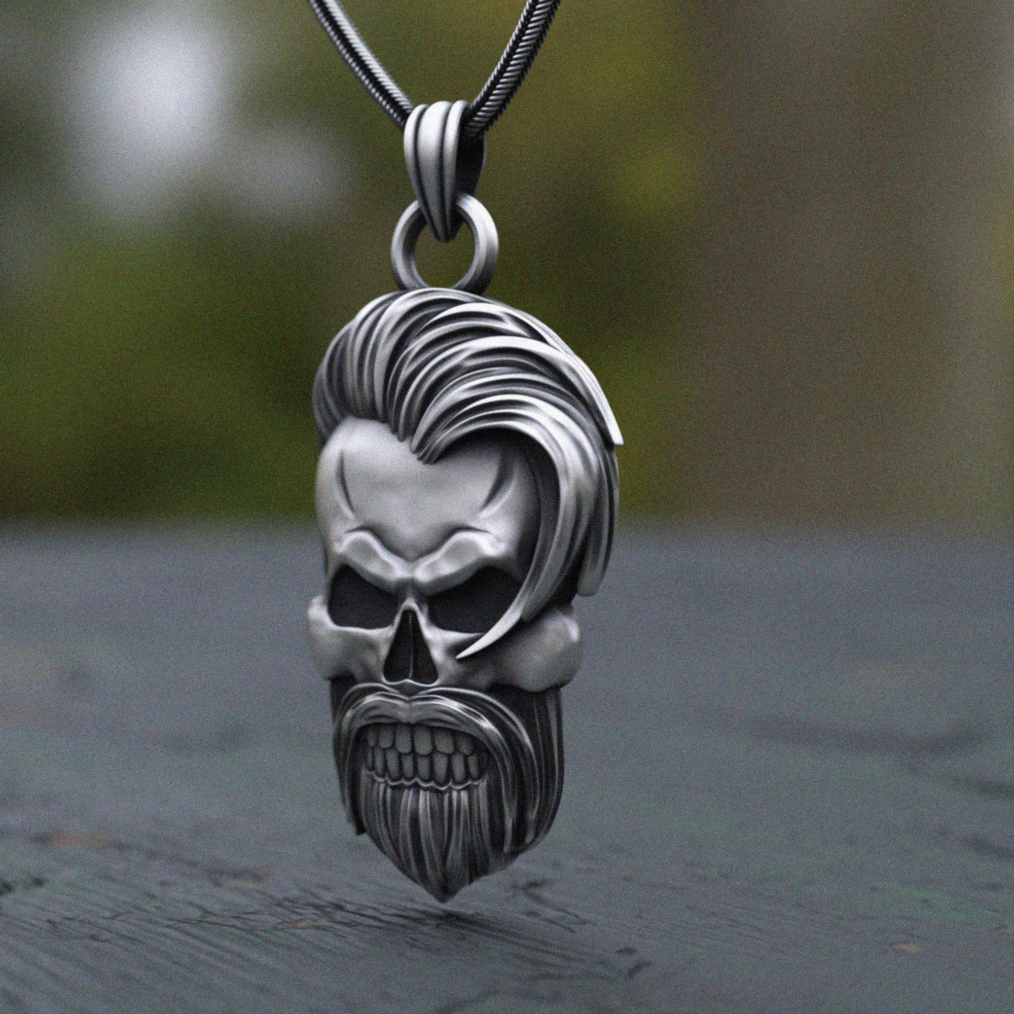Handcrafted Sterling Silver Bearded Skull Pendant Necklace: Gothic