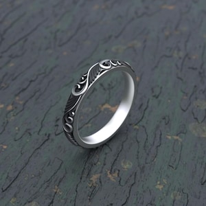 Oxidized Sterling Silver Scroll Ring: Vintage Floral Wedding Band