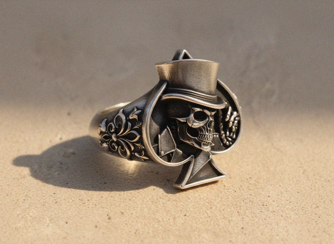 Ace of Spades Top Hat Skull Ring, 925 Sterling Silver Poker