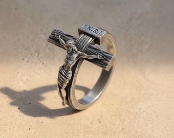 Crucifix Ring 925 Sterling Silver: Detailed Jesus Cross with INRI