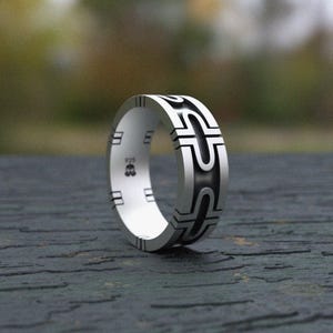 Greek Key Band Ring Sterling Silver 925, Geometric Pattern Ring Men, Modern Minimalist Wedding Band