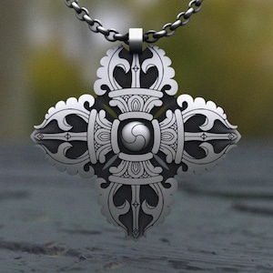 Tibetan Dorje Cross Sterling Silver 925, Buddhist Vajra Pendant Necklace, Oxidized Spiritual Jewelry for Men