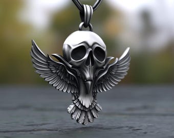 Sterling Silver Flying Skull Eagle Pendant: Gothic Biker Necklace