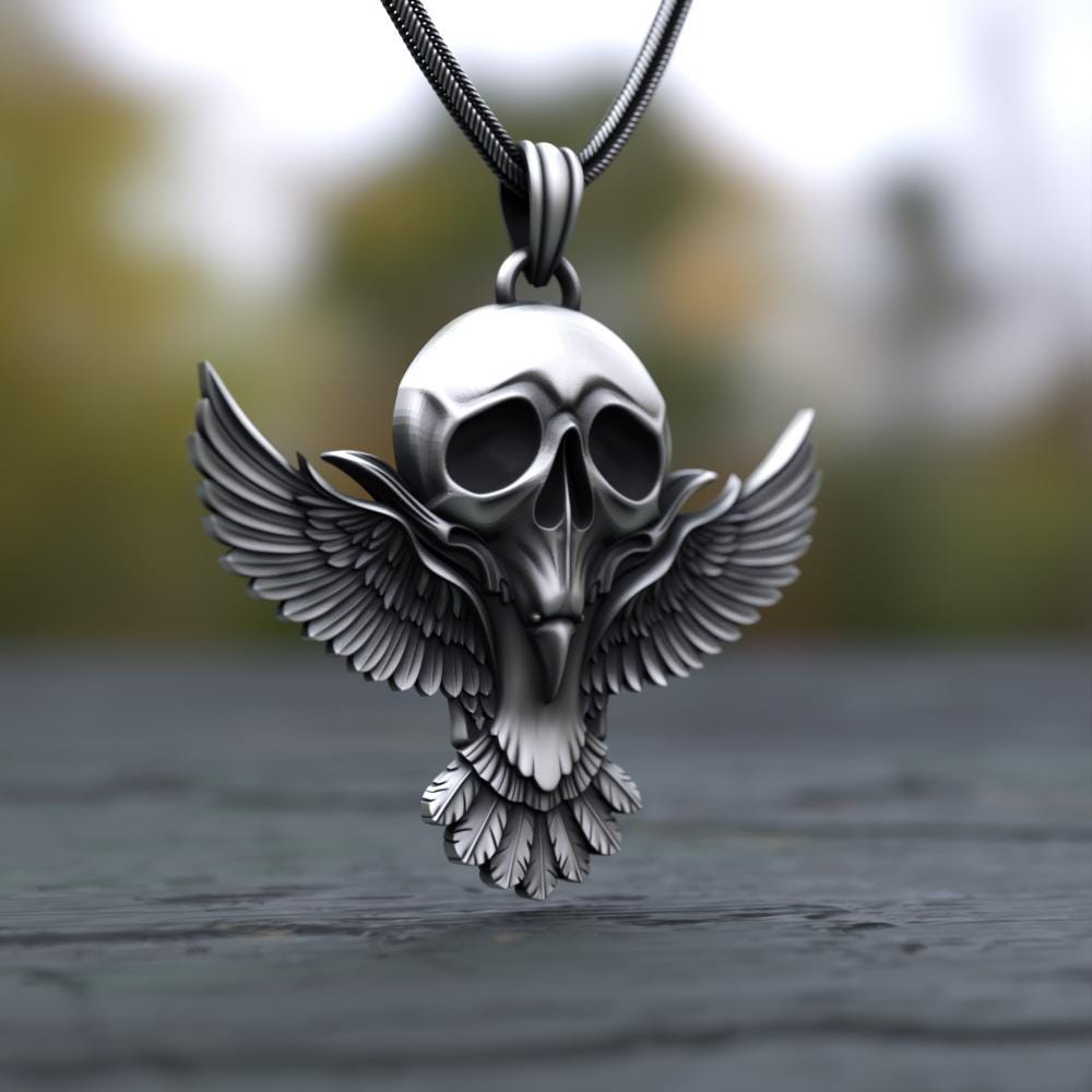 ANGLE MODEL ONE NECKLACE ブラック・シルバー　Lサイズ Sterling Silver Flying Skull Eagle Pendant: Gothic Biker Necklace