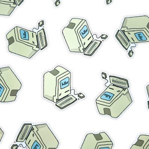 May include: A repeating pattern of stickers featuring a vintage-style computer with the word "hello" on the screen. The computer is beige with a blue screen and a black keyboard. The stickers are white with a black outline.