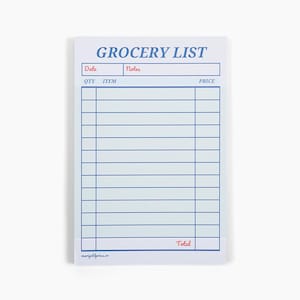 May include: A white grocery list notepad with blue lines and red text. The notepad has sections for date, notes, quantity, item, and price. The bottom of the notepad says "Total".