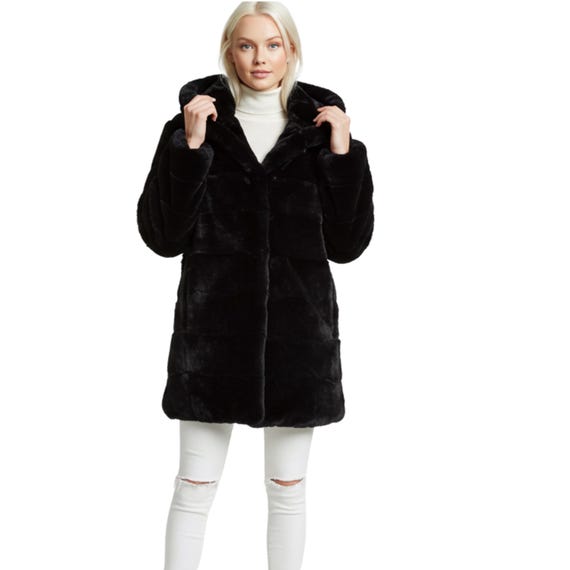 Luxurious Hooded Black Faux Fur Coat Warm Stylish Winter