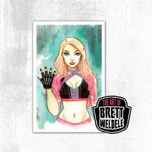 May include: Watercolor illustration of a woman with pink and blonde hair, wearing a black and pink top and bottom. She is holding up her hand with a black glove. The background is teal with watercolor splatters. The art is signed "The Art of Brett Weldele."