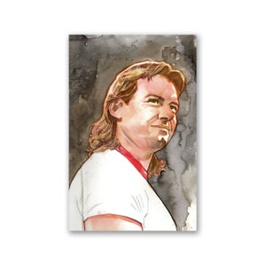 May include: Watercolor portrait of a person with light brown hair and a white shirt with a red trim. The person is looking off to the side with a slight smile. The background is a blend of gray and black watercolor washes.