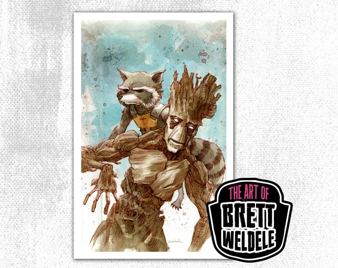 GROOT and ROCKET - watercolor art print- comic book art - guardians - movie poster - pop culture painting - 11x17 - signed