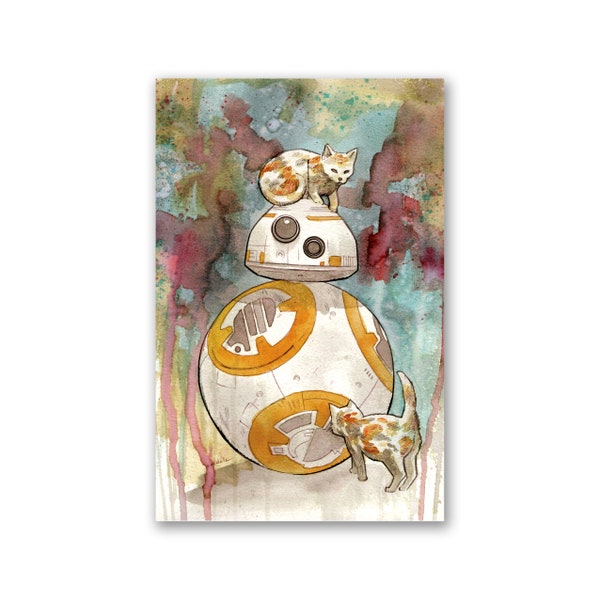 BB-8 with cats - premium watercolor art print  - for fans of Star Wars - 11x17 - signed