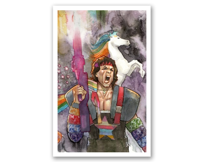 RAMBO BRITE - watercolor art print - mashup - for fans of 1980s  - pop culture painting - funny art - stallone - 11x17 - signed