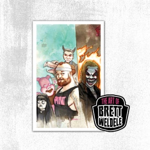 May include: Watercolor art print featuring a group of stylized characters. The print includes a man with a beard and headband, a character with a white face and red hair, and other cartoonish figures. The print is signed "Brett Weldele".