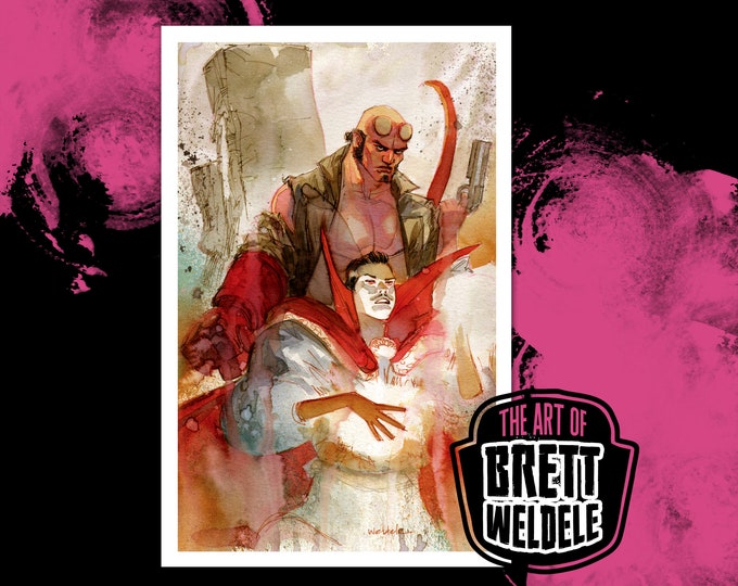 HELLBOY and DR STRANGE - watercolor art print - pop culture painting - comic art - signed - 11x17 - for fans of marvel and mignola