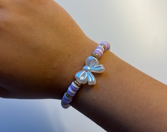 Lilac Heishi Beaded Bracelet – Pearl Bow Charm, Gold Accents—Limited Stock