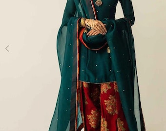 Pakistani Emerald Green n wine red Shalwar Kameez | shisha silk tilla embroidery, 3-Piece
