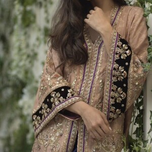 Pakistani Velvet Zardozi Outfit, Jamawar Shirt, Tulip Pants