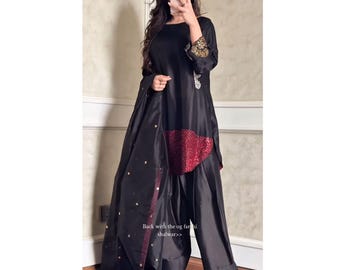 Hand-Embroidered Farshi Suit: Red & Black Pakistani Outfit