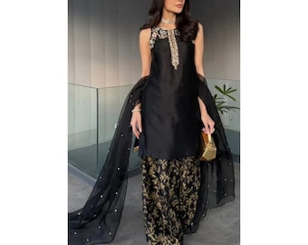 Handmade Pakistani Outfit: Black Banarsi Shalwar, Sequins Organza Dupatta