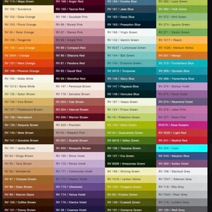 Puede incluir: Una carta de colores que presenta una amplia gama de colores de pintura, cada uno etiquetado con un c&oacute;digo &uacute;nico. La paleta incluye tonos de amarillo, naranja, rojo, verde, azul y morado, ofreciendo una selecci&oacute;n diversa.