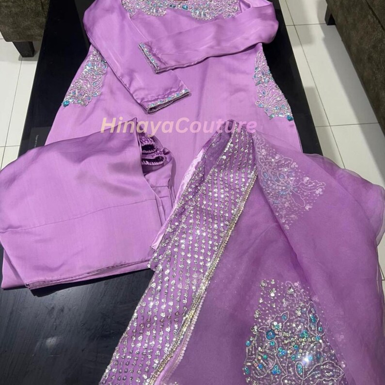 Handmade Sheesha Silk Farshi Shalwar Suit | Rhinestone Sequin Work image 15